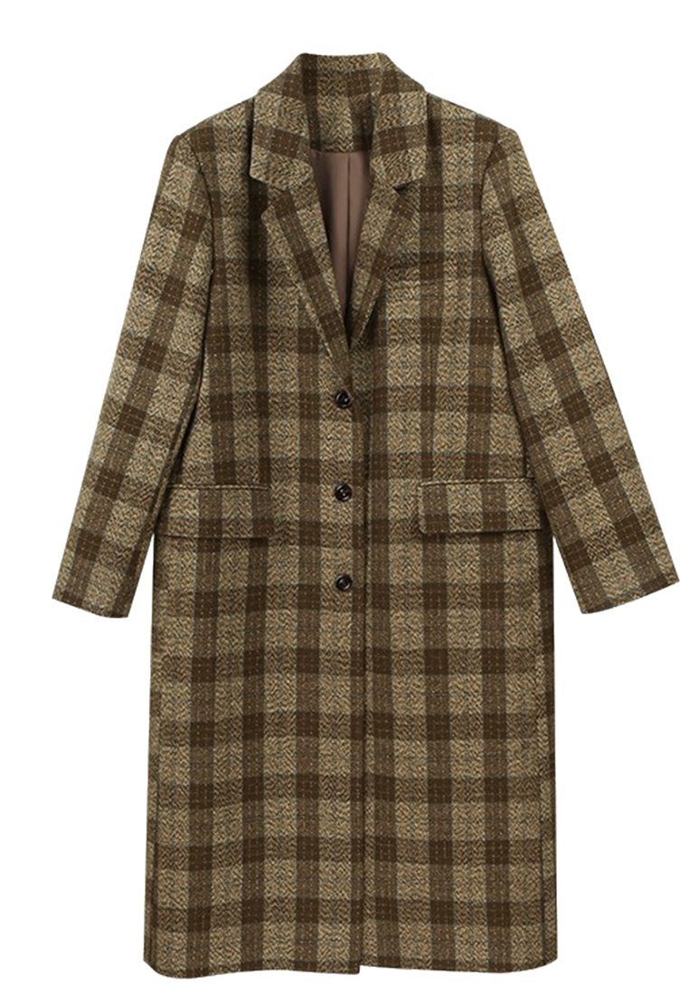 New Wool Retro British-Style Long Plaid Woolen Coat CA25110713BW