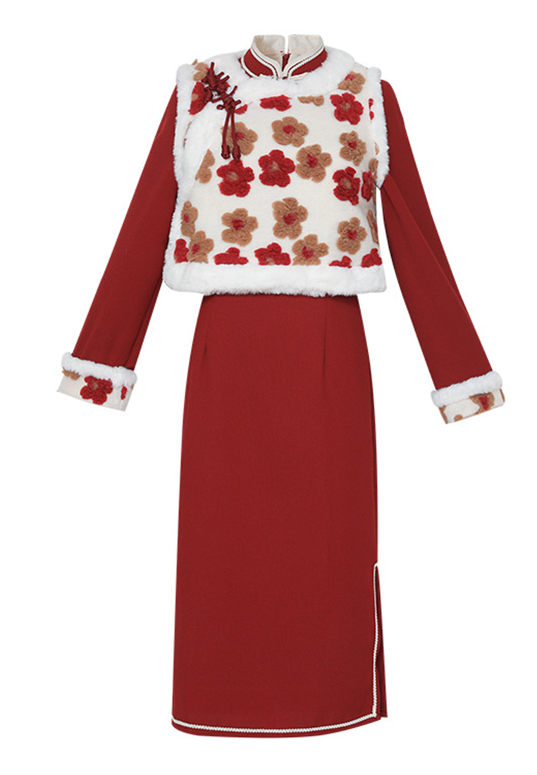 Lamb's wool floral vest + mid-length cheongsam set CA0110113