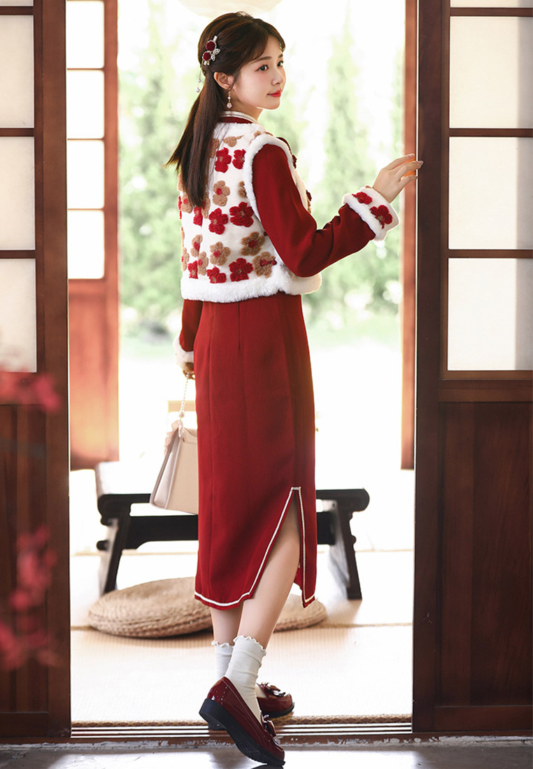 Lamb's wool floral vest + mid-length cheongsam set CA0110113