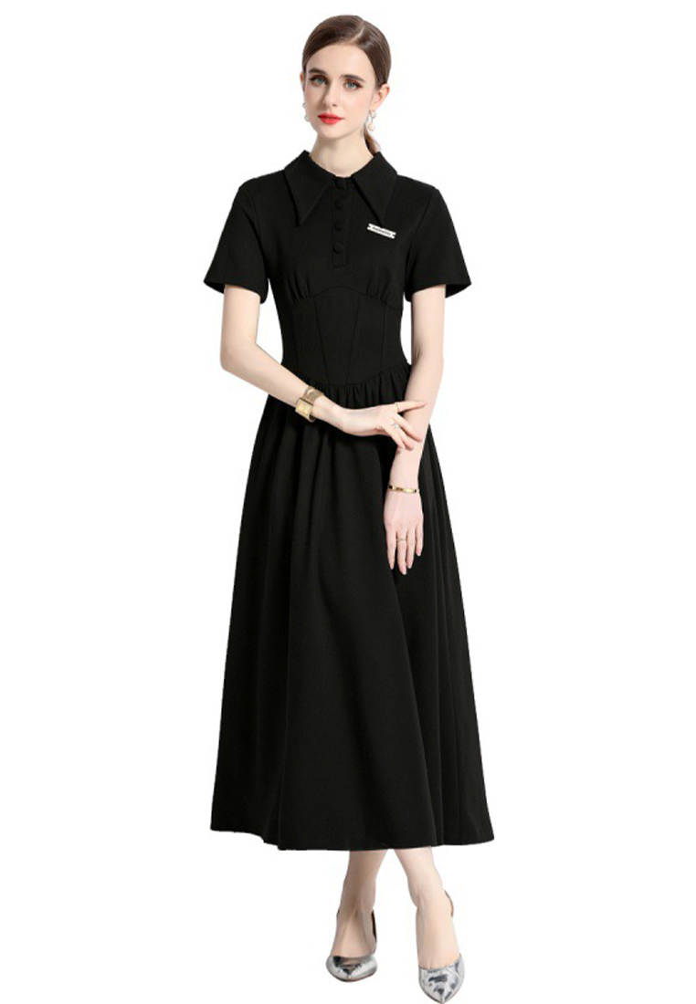 French lapel-panel black dress A021913