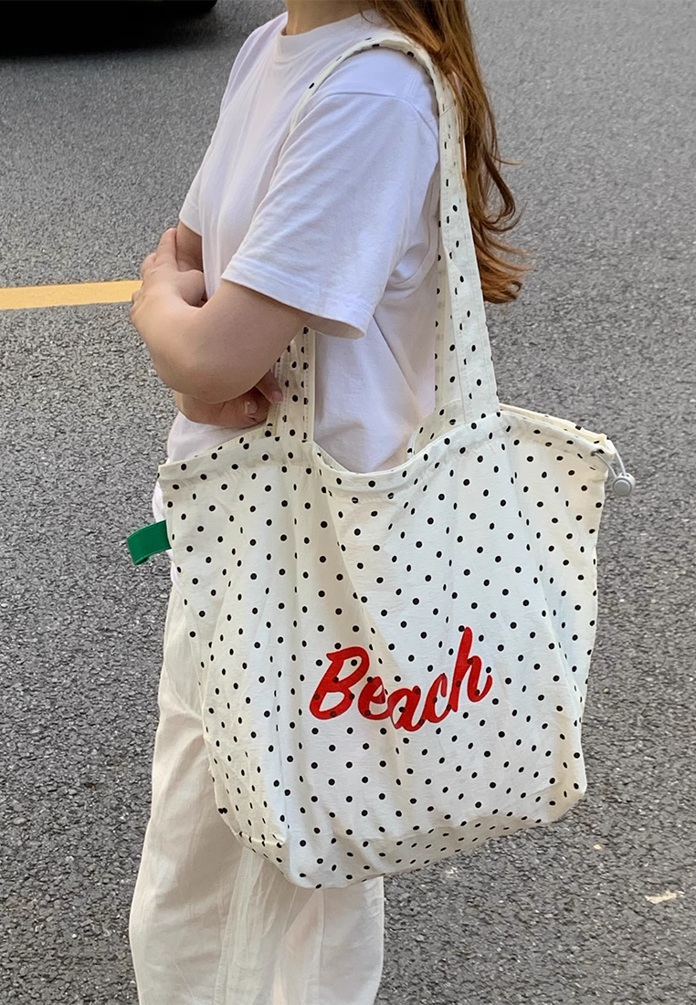 New summer Japanese style polka dot print letter shoulder tote bag CA25042313W