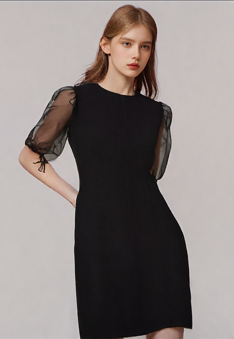 Round neck high waisted mid length chiffon dress CA25032713BK