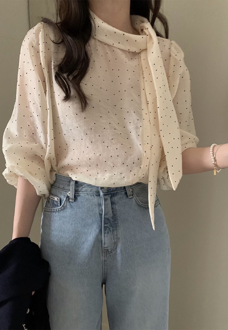 Early Fall Korean-Style Polka Dot Ribbon Shirt CA25090213BE