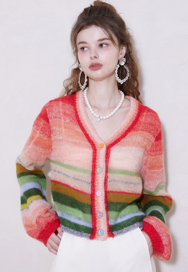 Autumn and winter rainbow retro lantern sleeve wool cardigan CA25092513MT