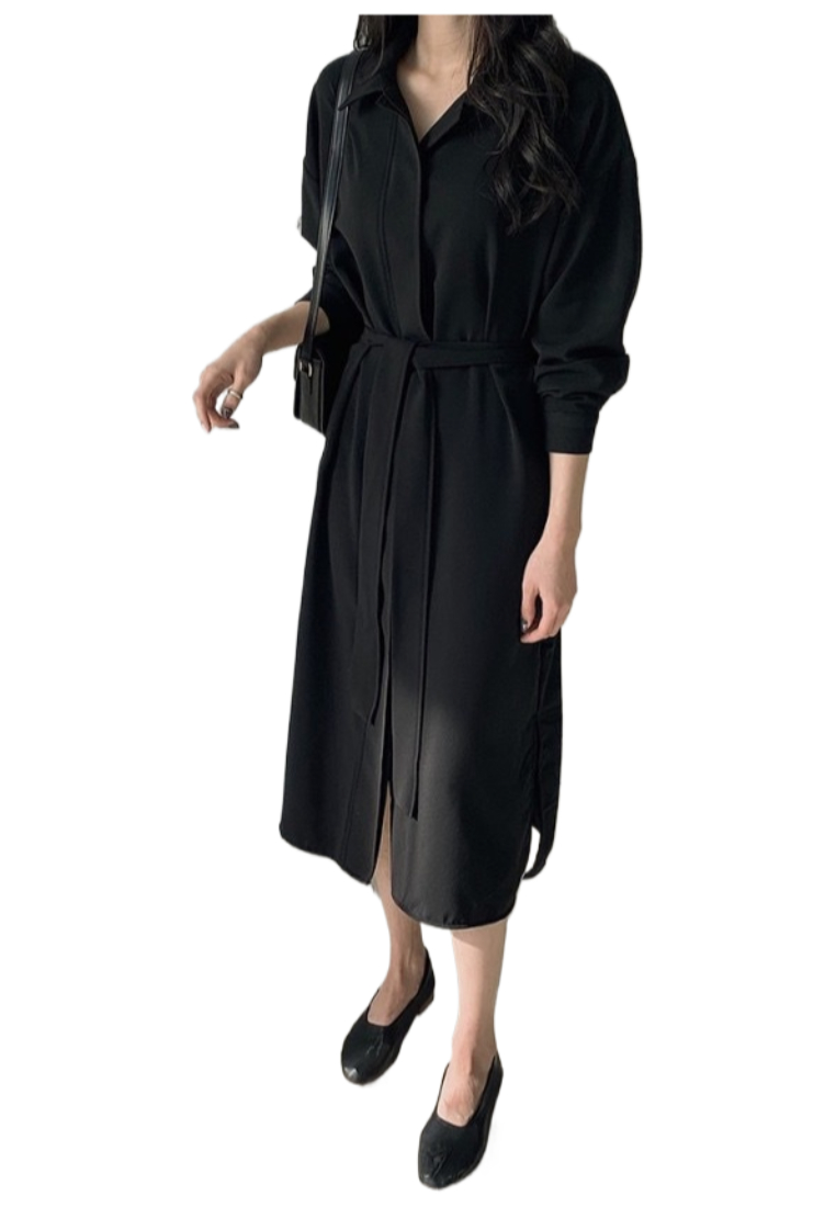 Stylish waist-cinching long dress with tie belt CA25091913BK