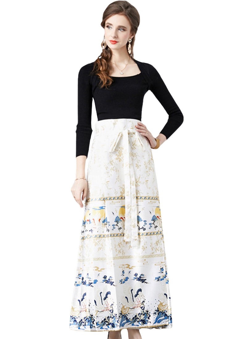 Fashionable casual printed top and skirt suit A110613