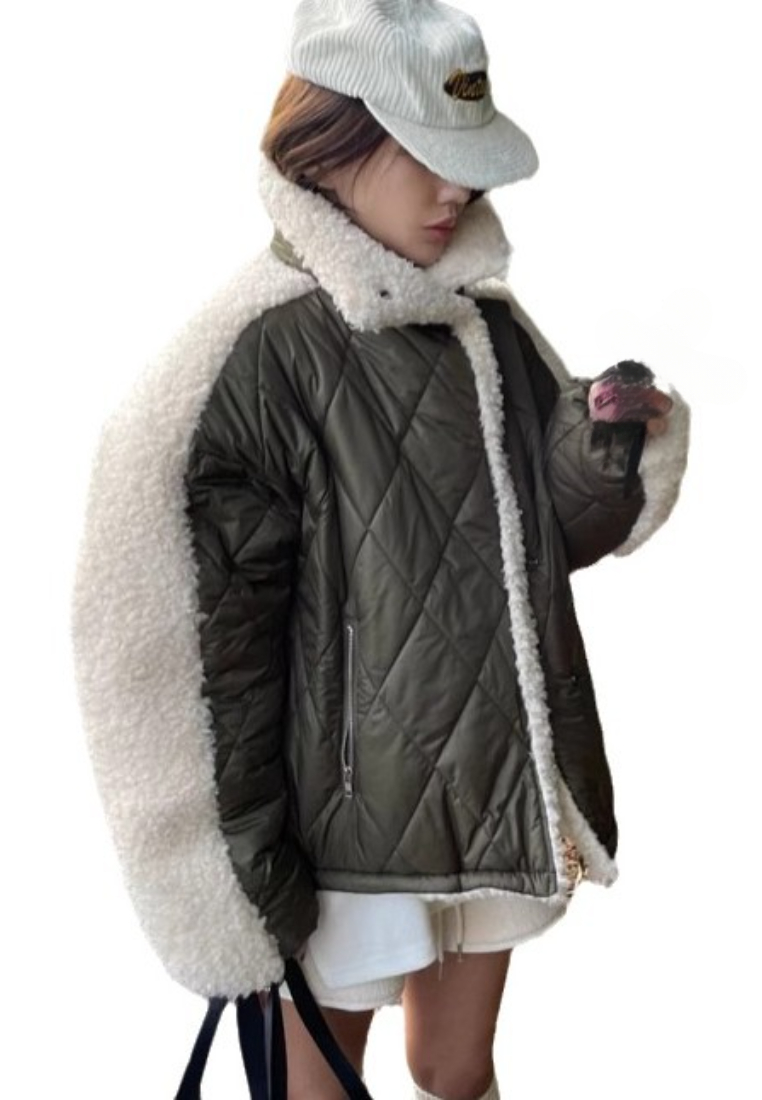 Retro-style lapel color-blocked warm cotton coat CA25102013GR