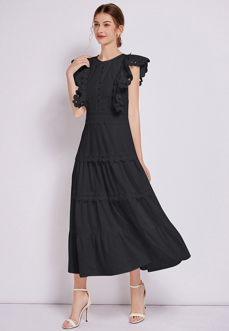 2024 New Round Neck Waistband Solid Color Dress CA24032613W