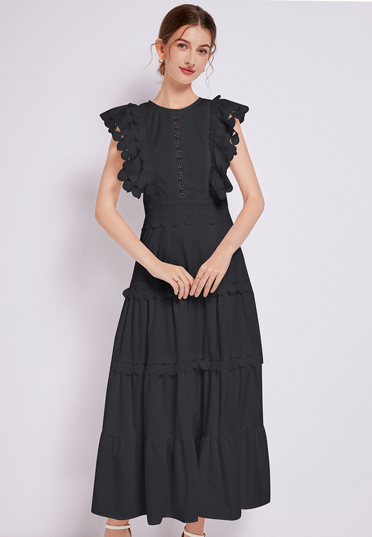 2024 New Round Neck Waistband Solid Color Dress CA24032613W