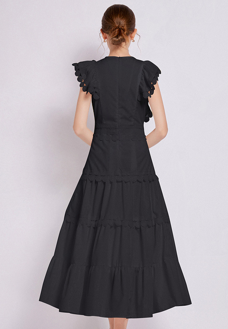 2024 New Round Neck Waistband Solid Color Dress CA24032613W