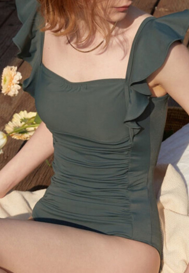  Retro elegant ruffled body-fitting one-piece waist-back strap hollow-out solid-color swimsuit CA23050413-sunnydaysweety