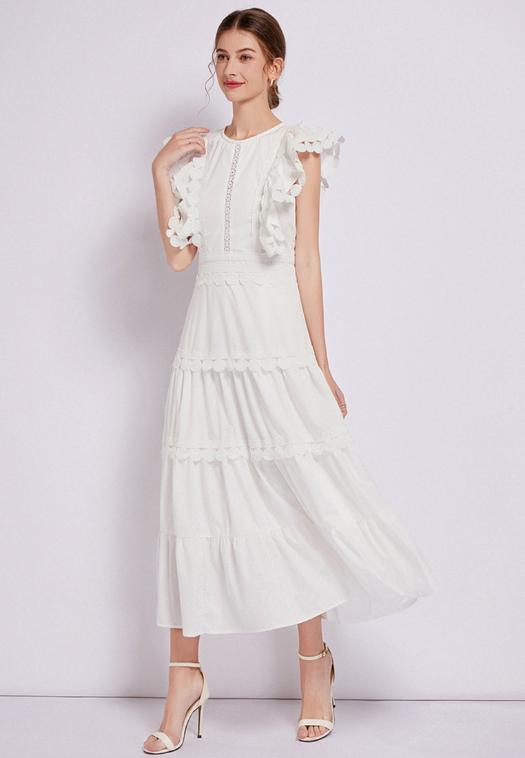 2024 New Round Neck Waistband Solid Color Dress CA24032613W