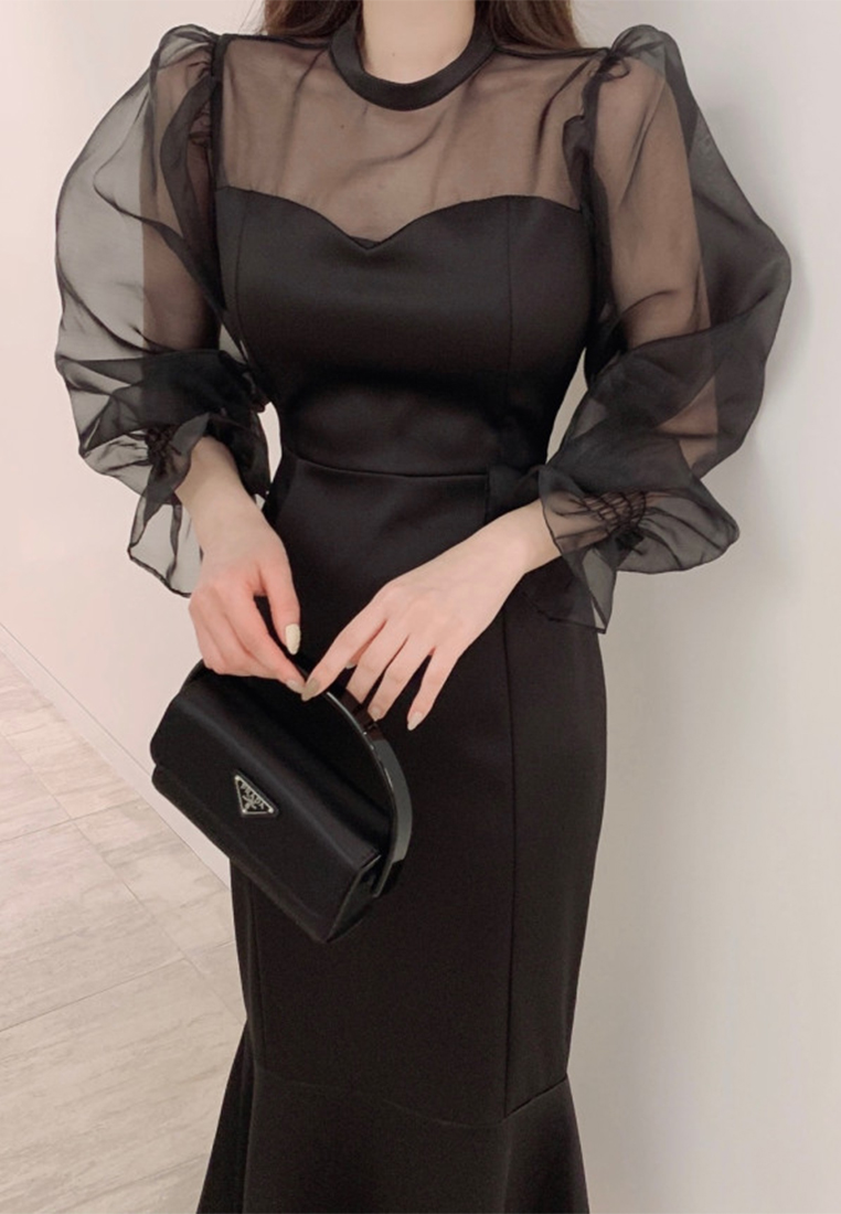 French style round neck solid color dress CA241128113W