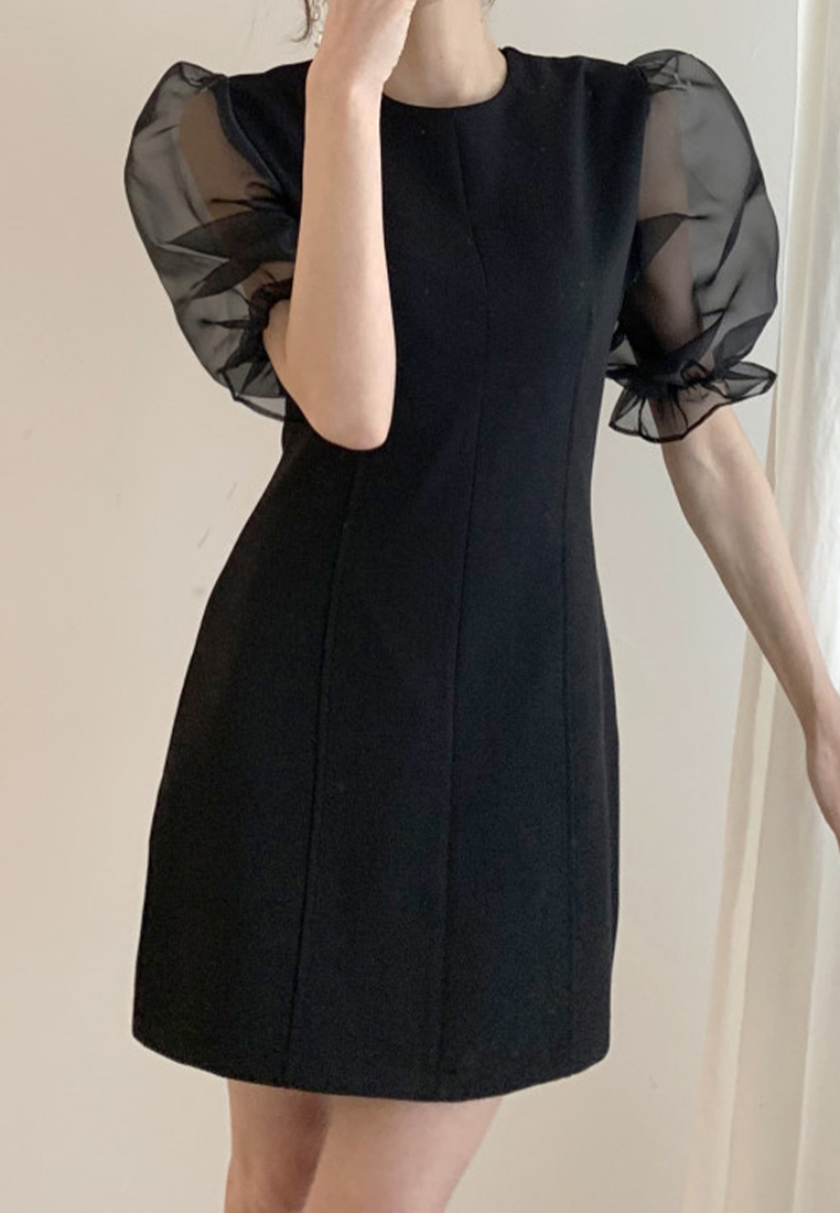 Round neck high waisted mid length chiffon dress CA25032713BK