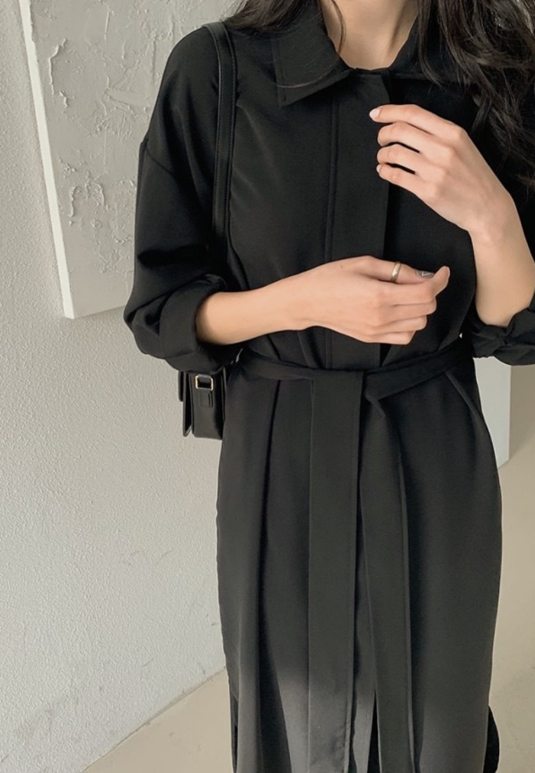 Stylish waist-cinching long dress with tie belt CA25091913BK