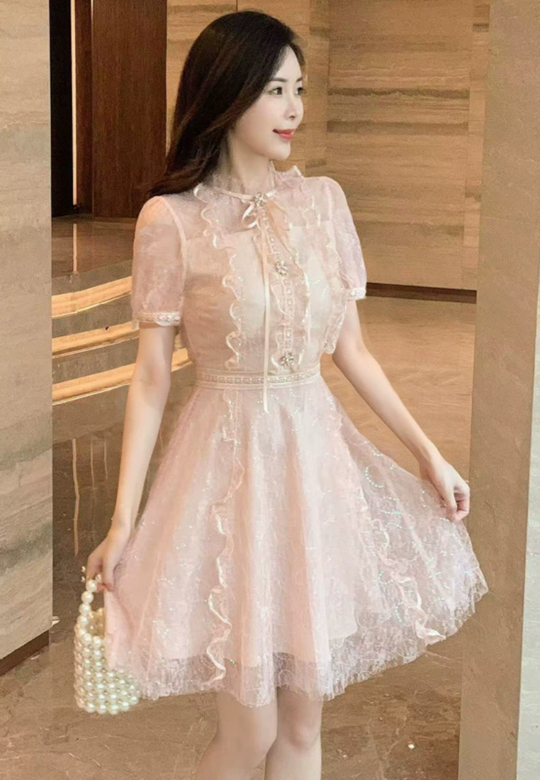 New temperament mesh pink dress CA25031213PI