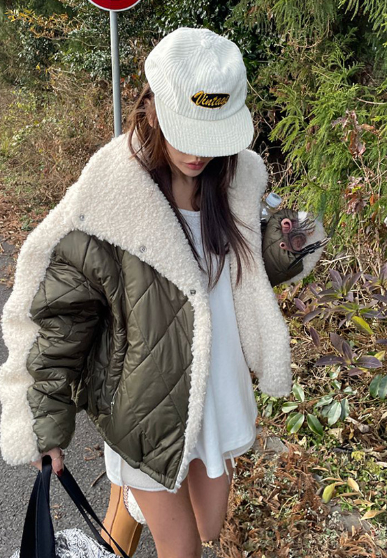 Retro-style lapel color-blocked warm cotton coat CA25102013GR