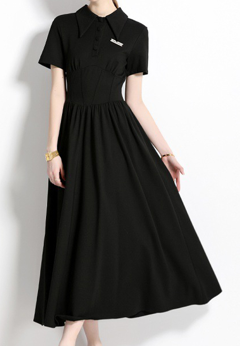 French lapel-panel black dress A021913