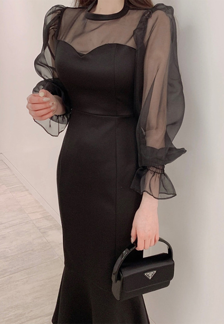 French style round neck solid color dress CA241128113W