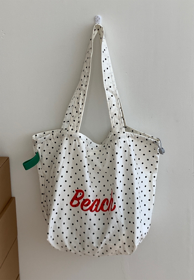 New summer Japanese style polka dot print letter shoulder tote bag CA25042313W