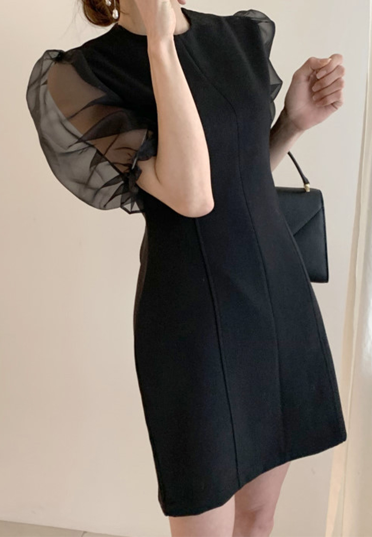 Round neck high waisted mid length chiffon dress CA25032713BK