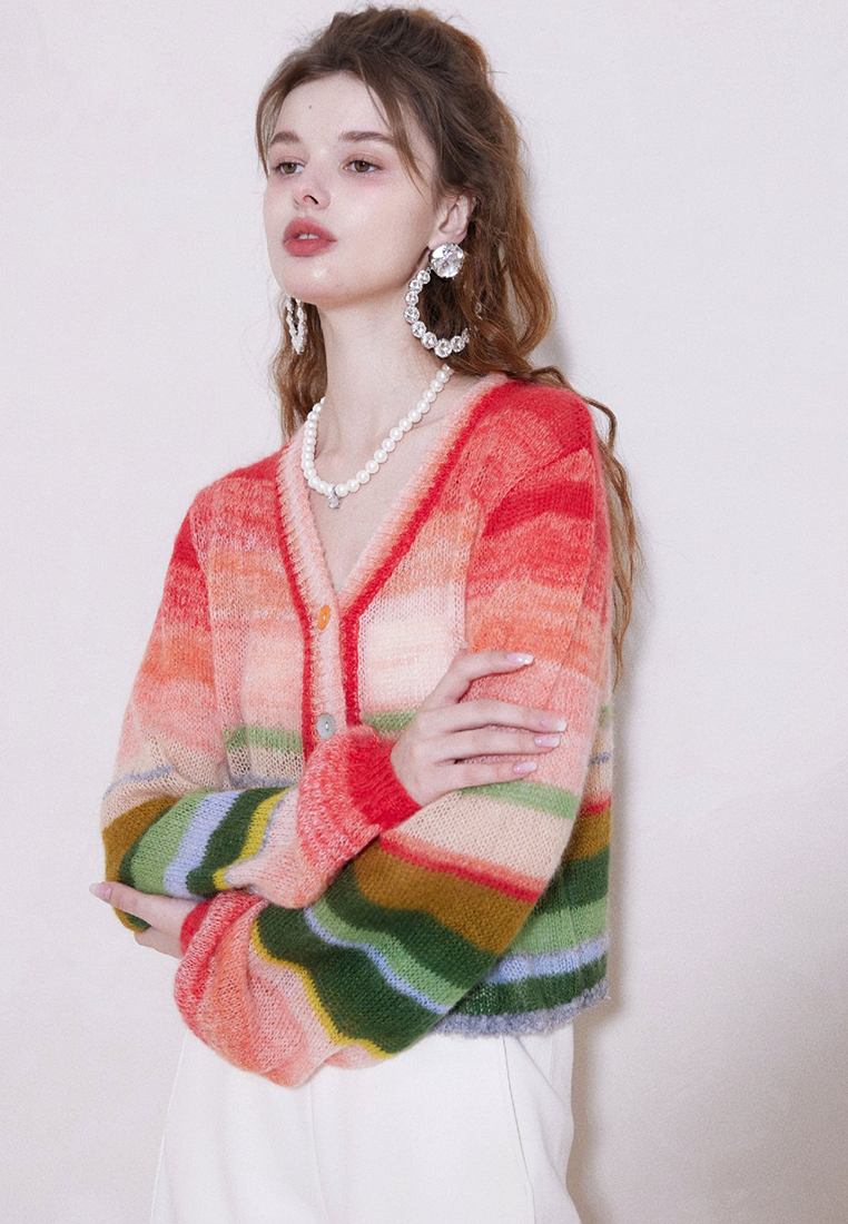 Autumn and winter rainbow retro lantern sleeve wool cardigan CA25092513MT