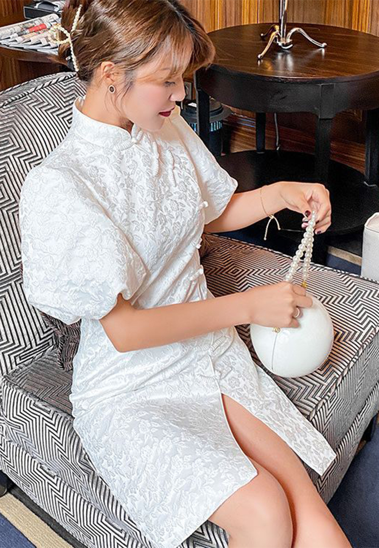 Elegant retro satin printed puff sleeve cheongsam dress CA122713