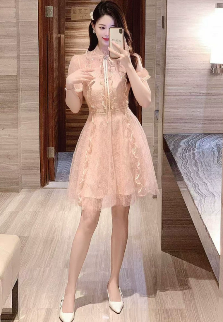 New temperament mesh pink dress CA25031213PI