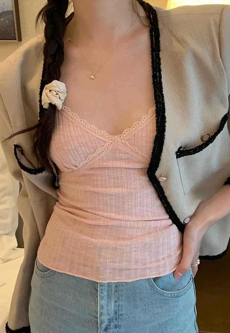 2024 summer ribbed lace suspender top CA24041013PI