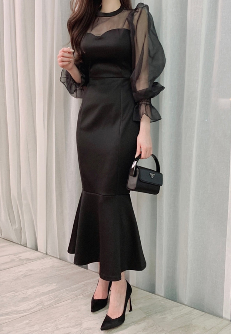 French style round neck solid color dress CA241128113W