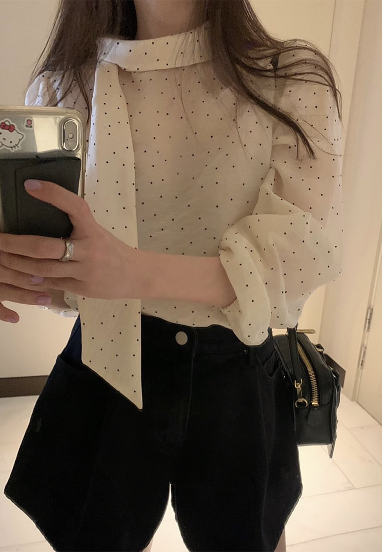 Early Fall Korean-Style Polka Dot Ribbon Shirt CA25090213BE