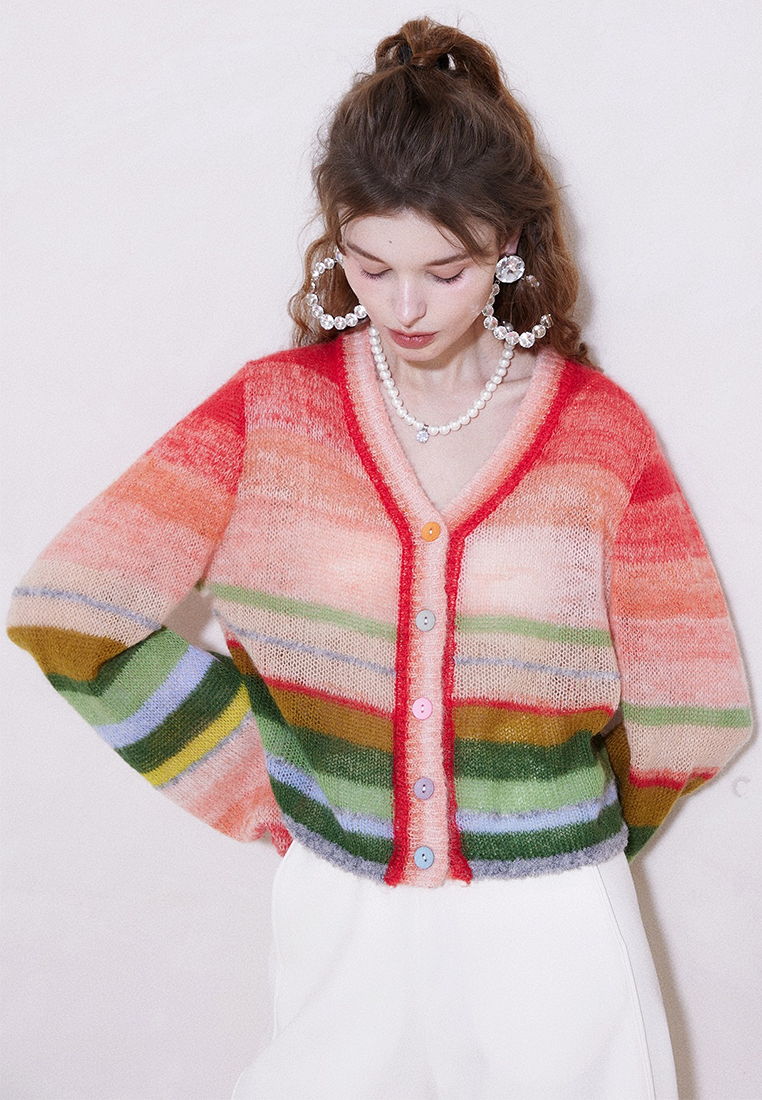 Autumn and winter rainbow retro lantern sleeve wool cardigan CA25092513MT