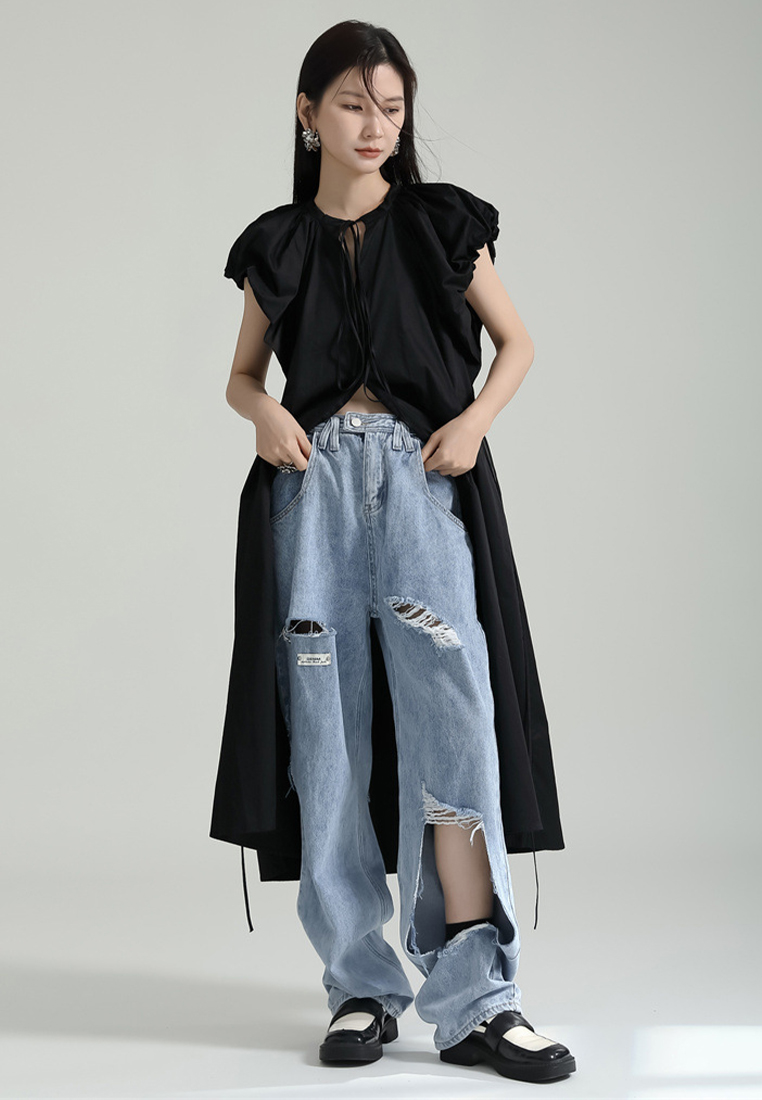 2024 Retro Ruffle Sleeves Single breasted Skirt CA24030113BK