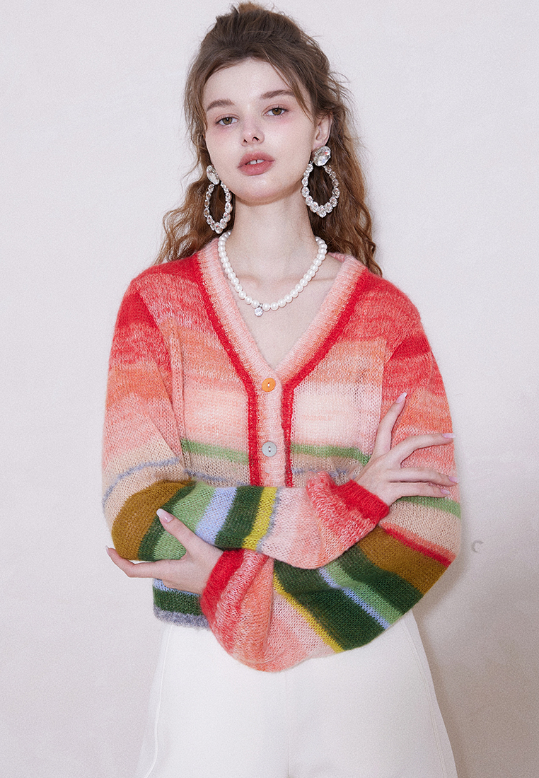 Autumn and winter rainbow retro lantern sleeve wool cardigan CA25092513MT