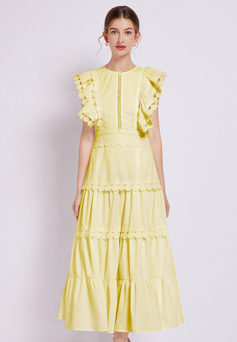 2024 New Round Neck Waistband Solid Color Dress CA24032613W