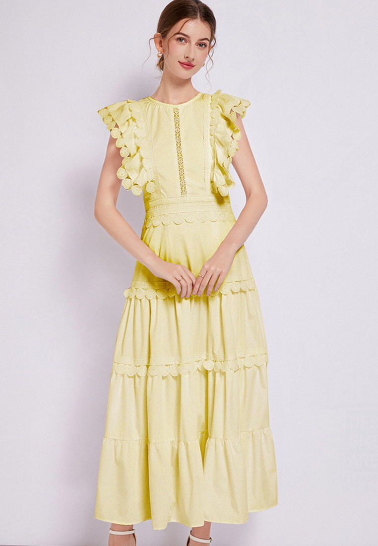 2024 New Round Neck Waistband Solid Color Dress CA24032613W