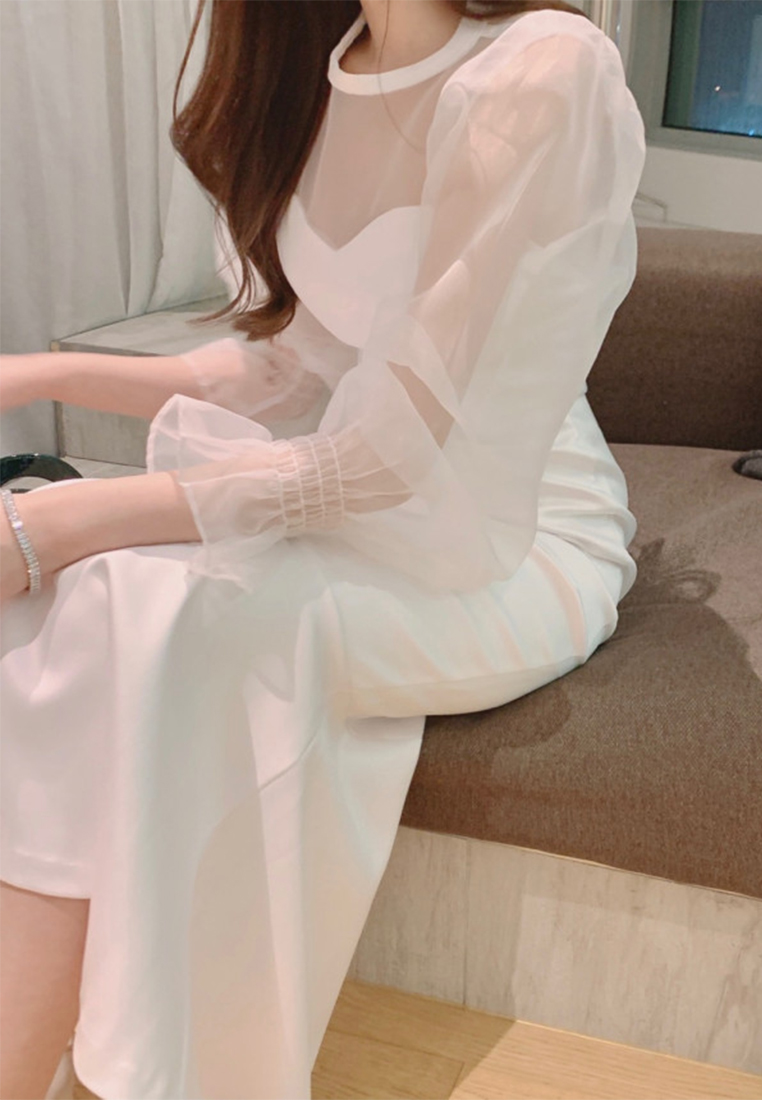 French style round neck solid color dress CA241128113W