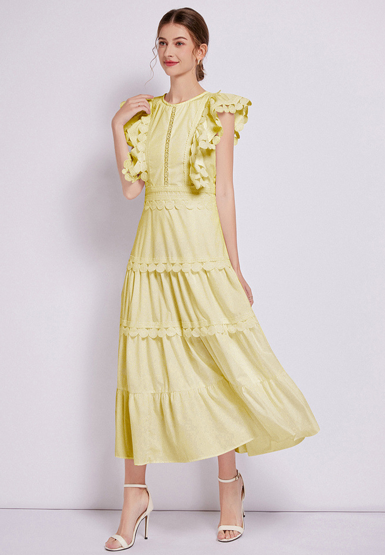 2024 New Round Neck Waistband Solid Color Dress CA24032613W