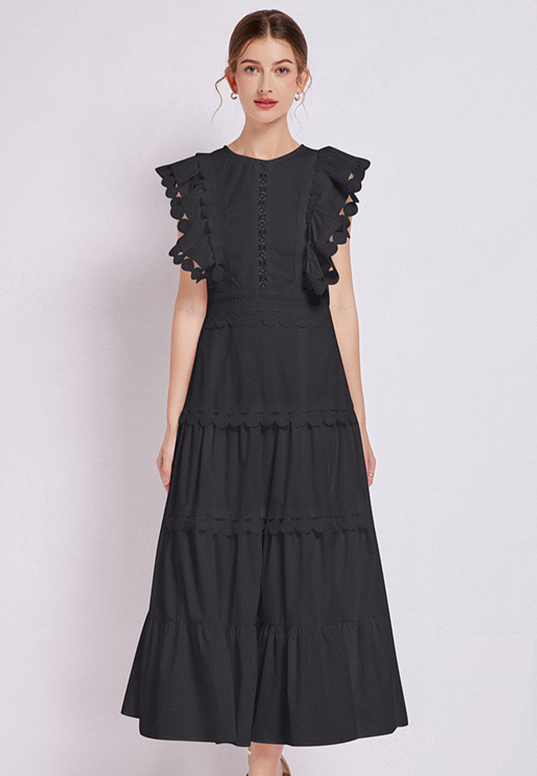 2024 New Round Neck Waistband Solid Color Dress CA24032613W