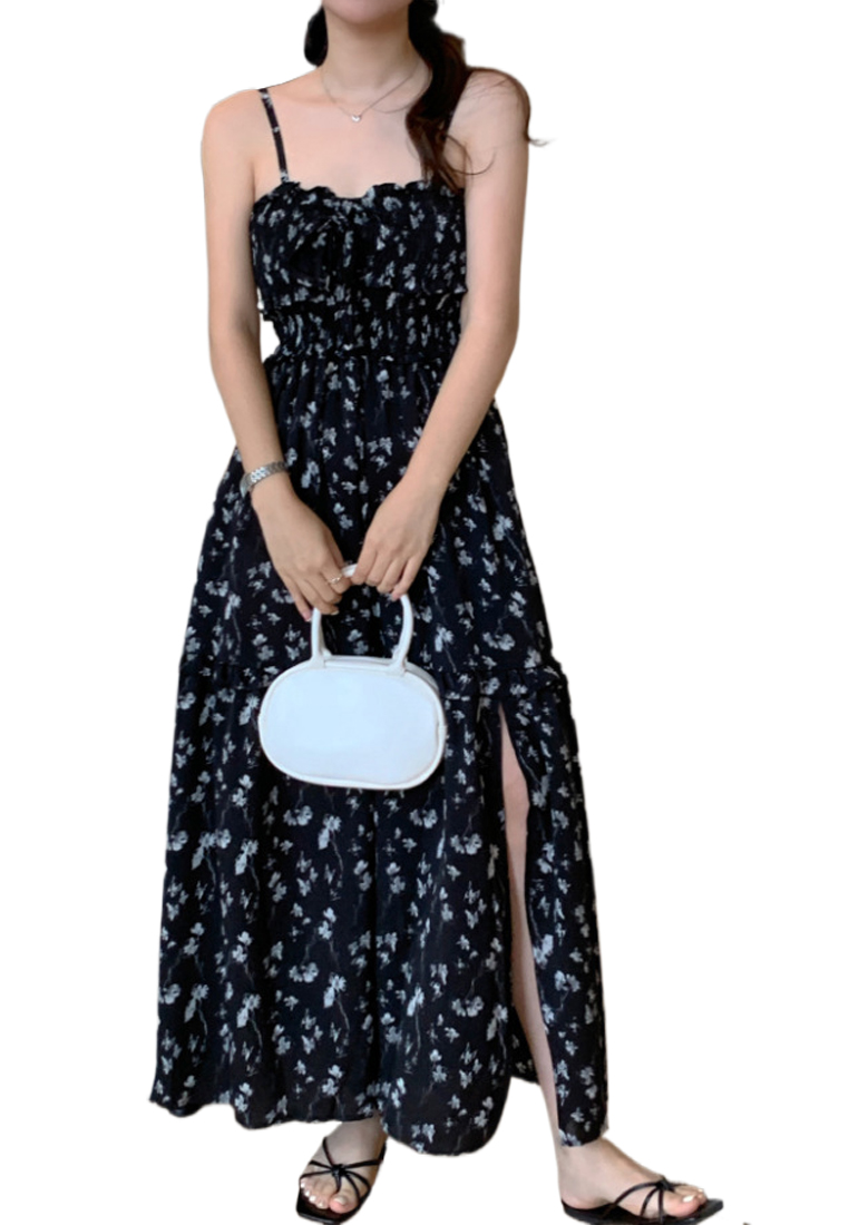 Retro square collar waist cinching floral suspender dress CA25032736YE