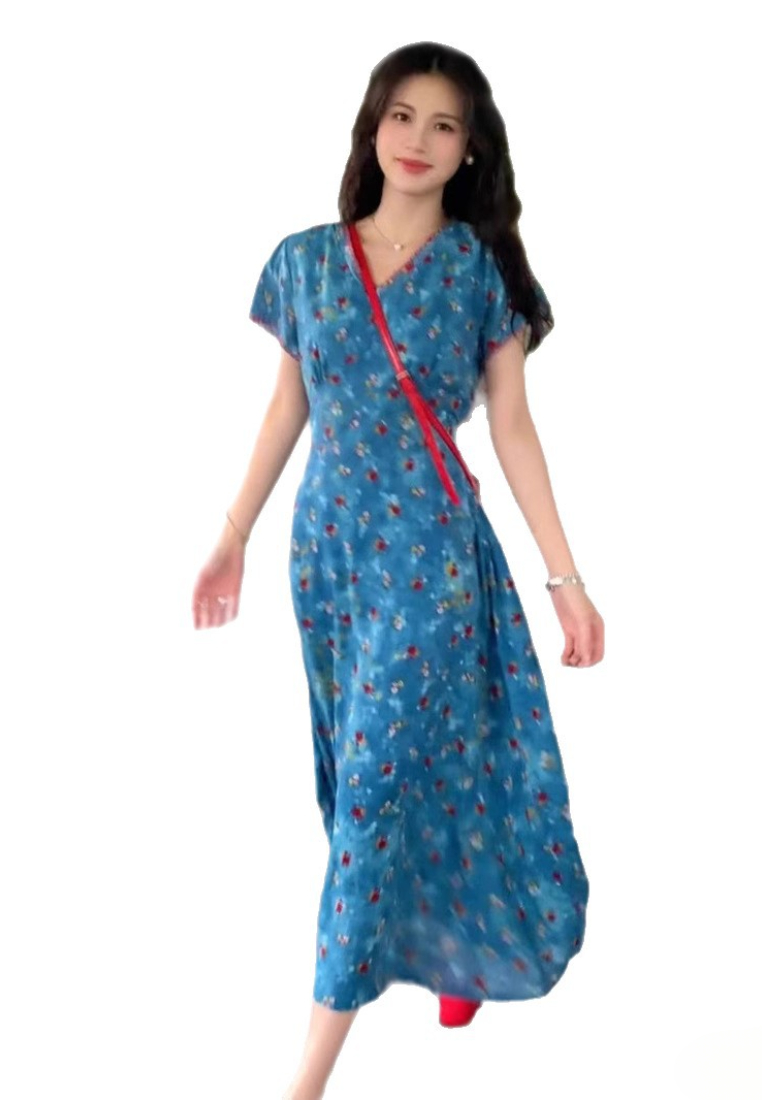 Blue floral midi dress v neck short sleeve wrap style casual summer dress K26042901