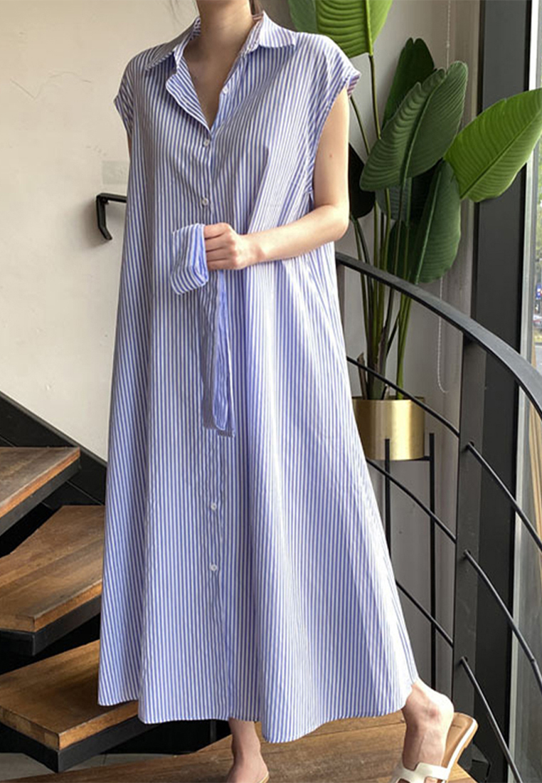 2023 Summer New Simple Striped Sleeveless Korean-style Shirt Dress CA061314BL