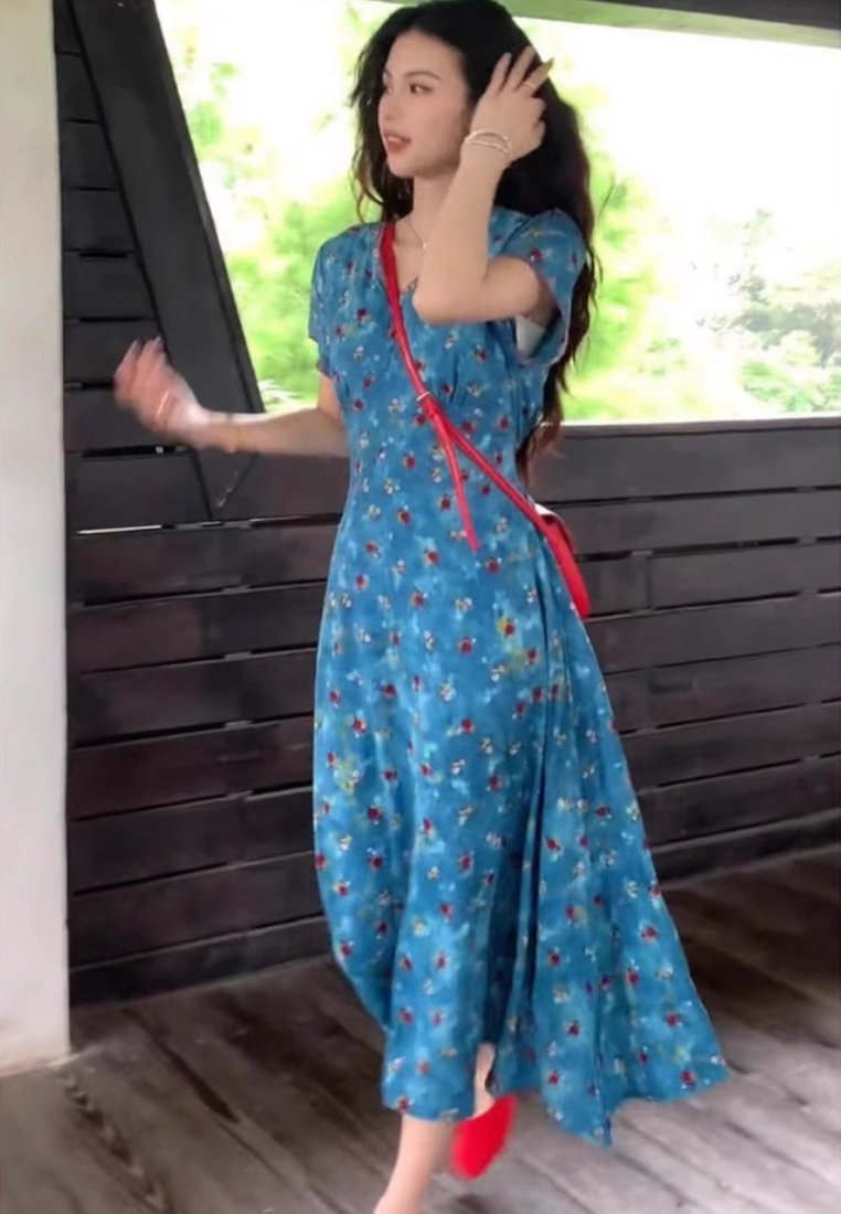 Blue floral midi dress v neck short sleeve wrap style casual summer dress K26042901