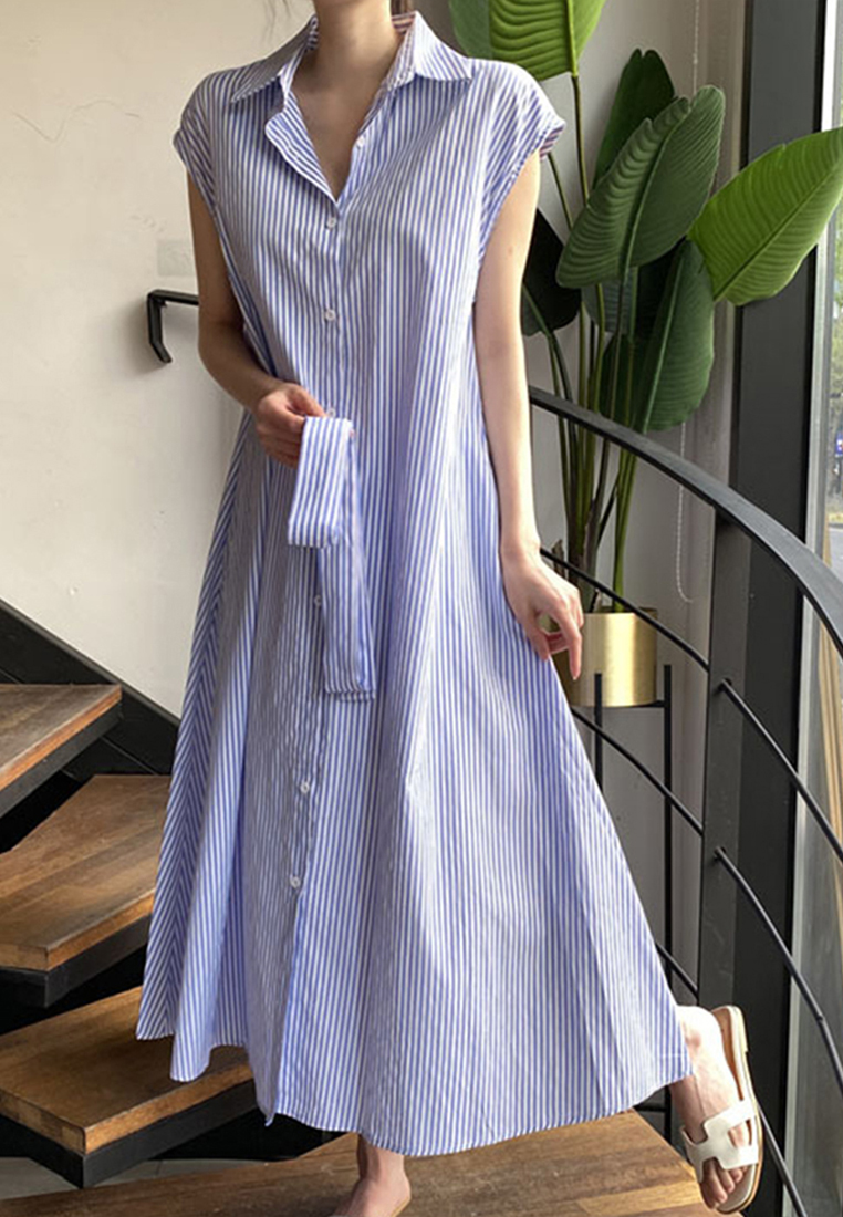 2023 Summer New Simple Striped Sleeveless Korean-style Shirt Dress CA061314BL