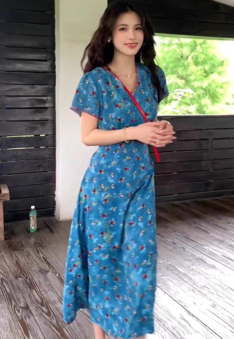 Blue floral midi dress v neck short sleeve wrap style casual summer dress K26042901