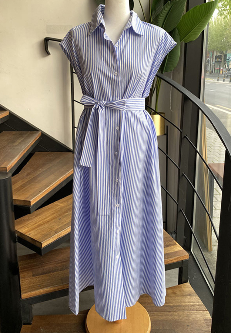 2023 Summer New Simple Striped Sleeveless Korean-style Shirt Dress CA061314BL