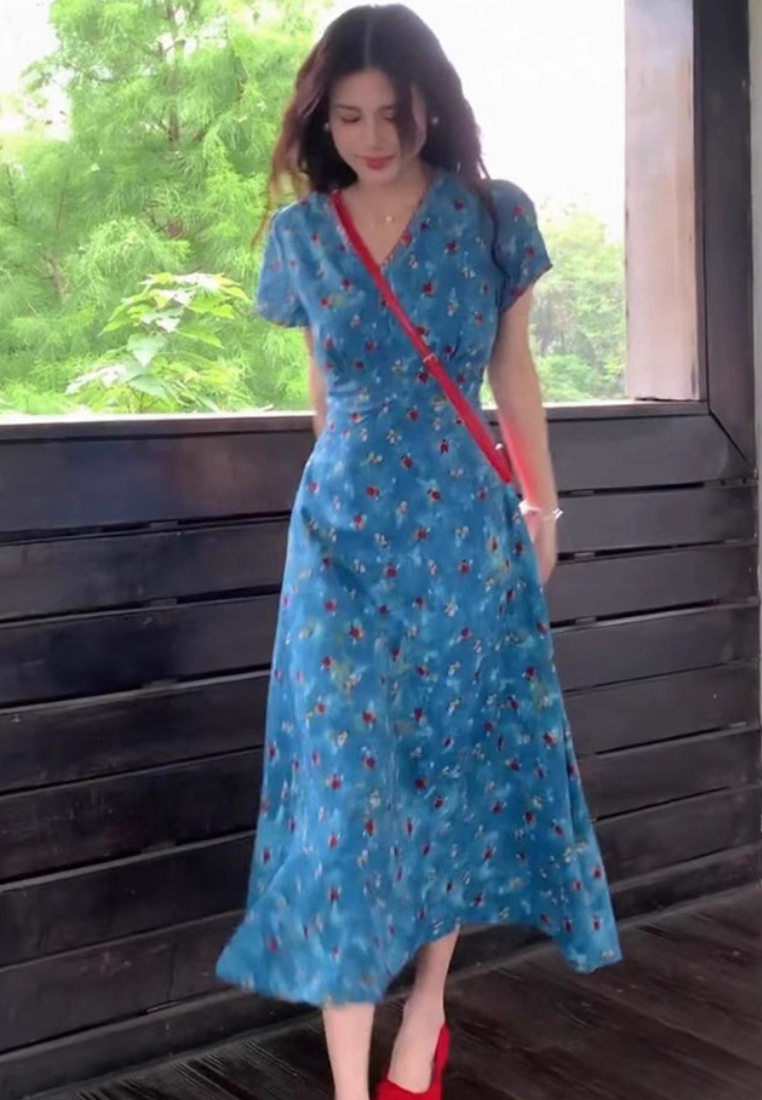 Blue floral midi dress v neck short sleeve wrap style casual summer dress K26042901