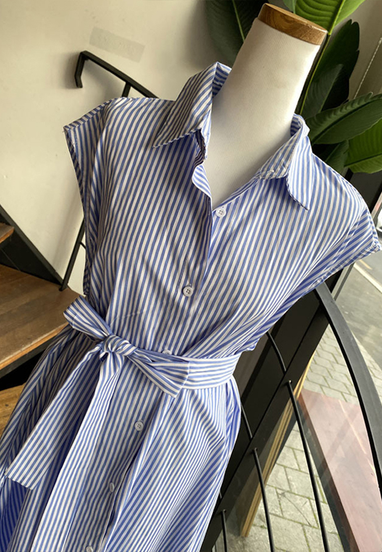 2023 Summer New Simple Striped Sleeveless Korean-style Shirt Dress CA061314BL
