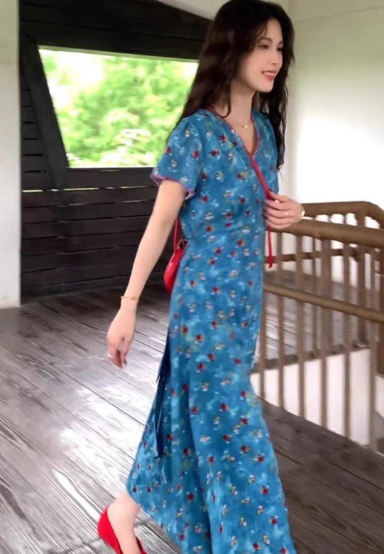 Blue floral midi dress v neck short sleeve wrap style casual summer dress K26042901