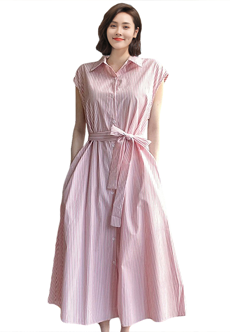 2023 Summer New Simple Striped Sleeveless Korean-style Shirt Dress CA061314BL